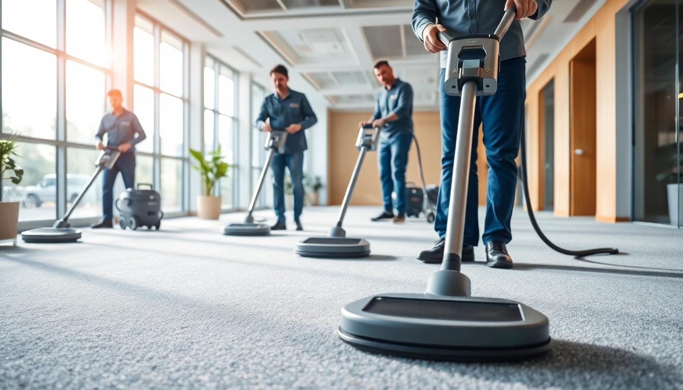 Engaged team performing commercial carpet cleaning in an office setting highlighting professionalism.