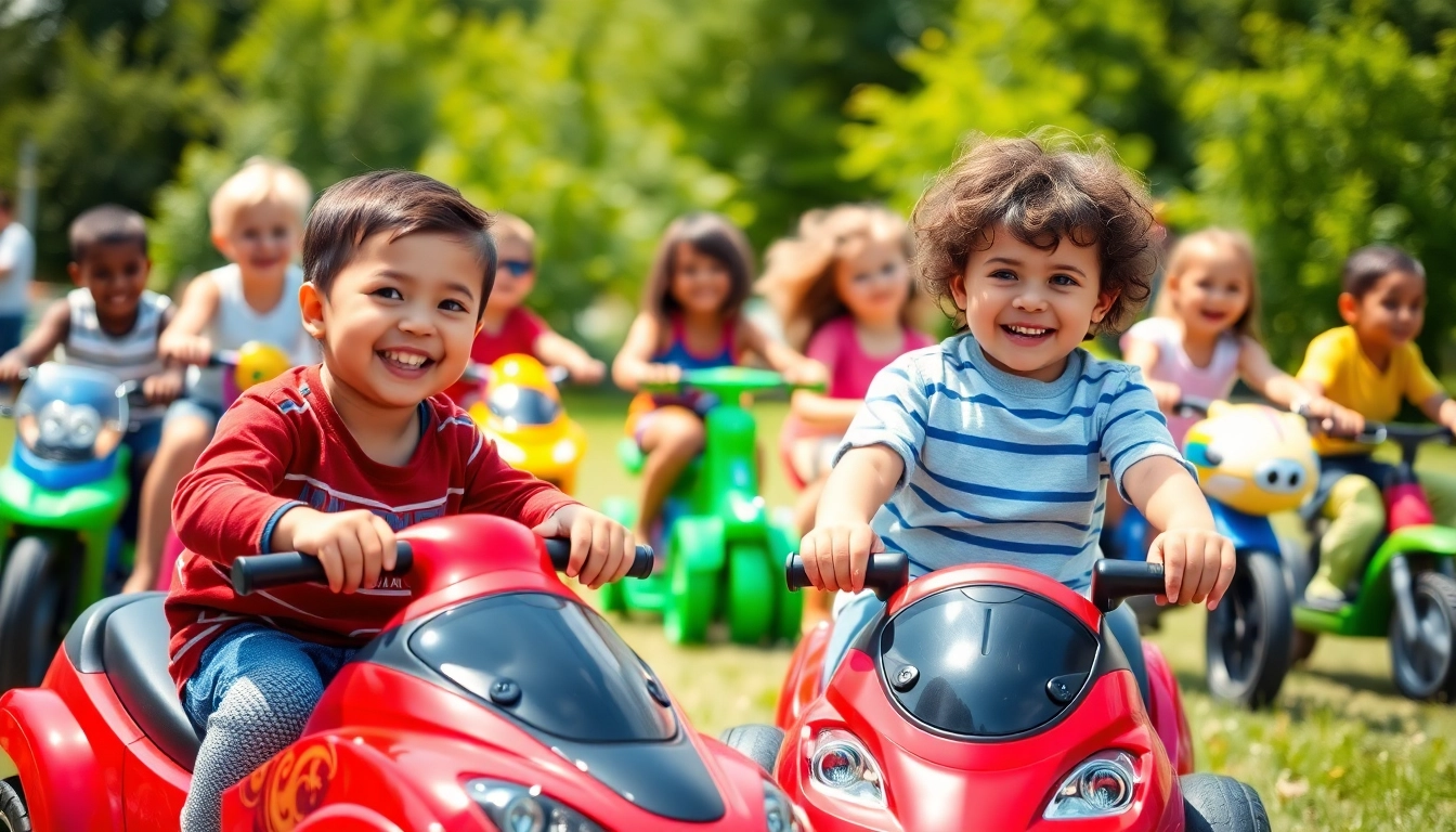 Children enjoying ride on toys in a vibrant outdoor setting filled with laughter and fun.
