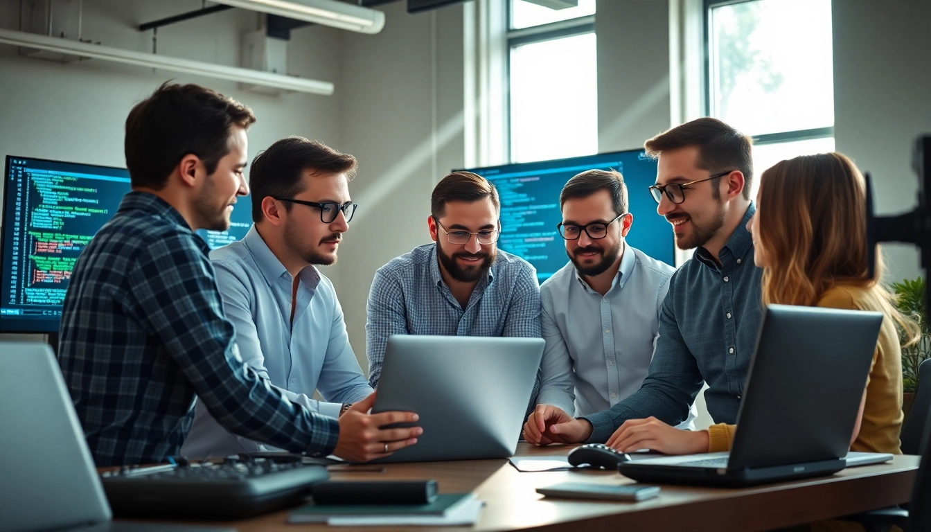 Software testing company team collaborating in a modern office with advanced technology.