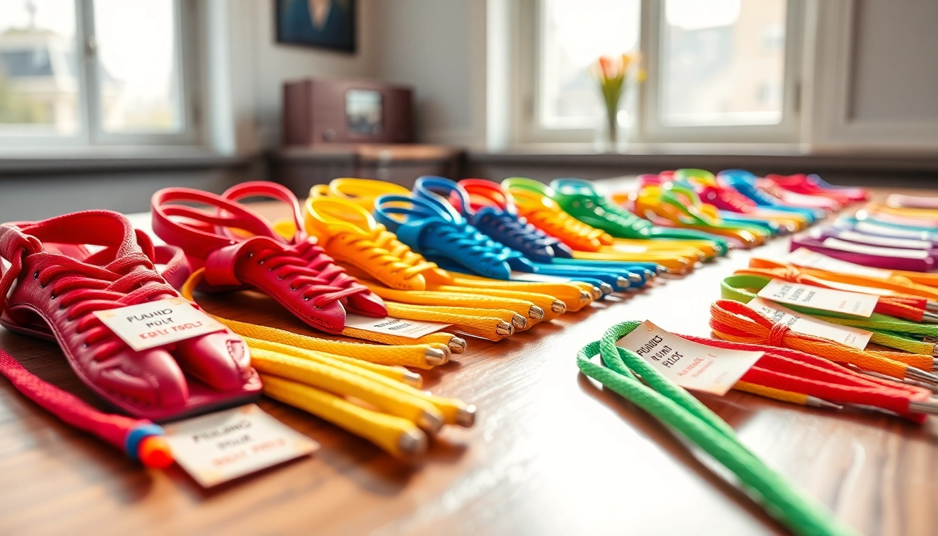 Buying shoelaces in bulk for resellers showcases diverse colorful styles arranged attractively.