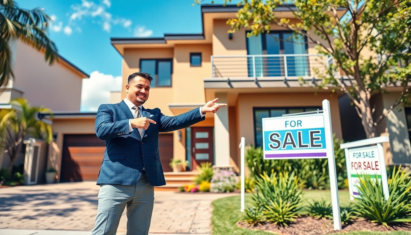 Showcasing real estate with a professional agent in front of a modern home, bright setting.