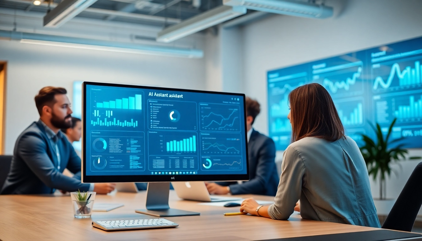 Showcase of an enterprise AI assistant helping a diverse team in a modern office.