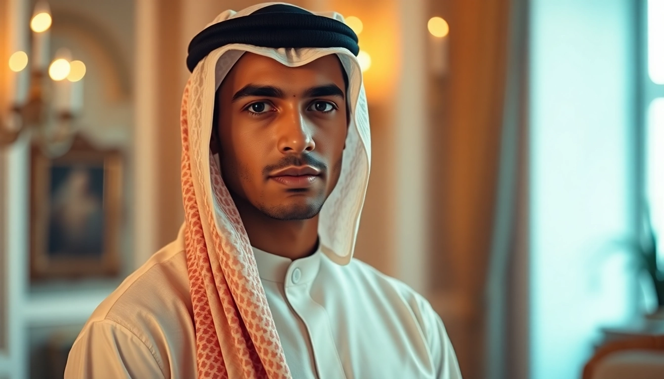 Discover the exquisite Omani jubbah draped elegantly on a model showcasing its intricate design and craftsmanship.