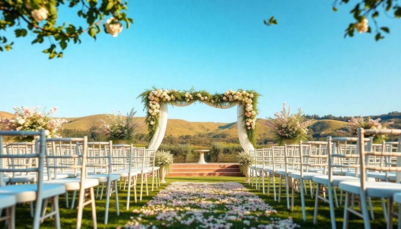 Wunderschöne location hochzeit mit romantischer Zeremonie im Freien, umgeben von blühenden Blumen.