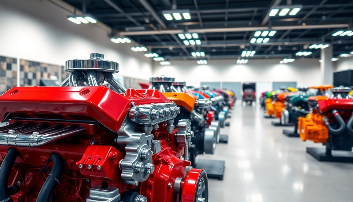 Showcasing Approved Engines in a modern showroom with vibrant colors and intricate details.