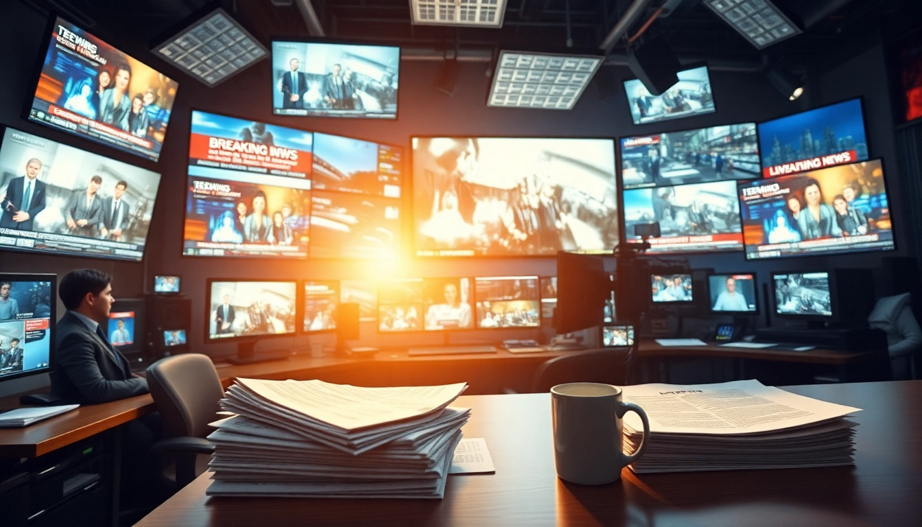 Captivating scene of a newsroom actively reporting news, showcasing dynamic journalists and technology.
