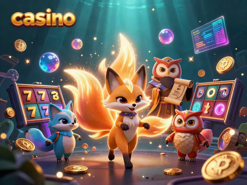 Engaging casino scene featuring colorful characters amidst slot reels and cryptocurrencies.