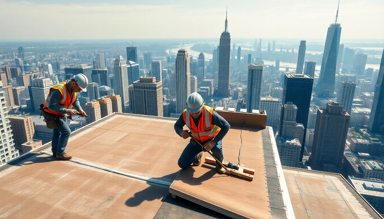 Experts delivering commercial roofing services on a high-rise building under natural lighting.