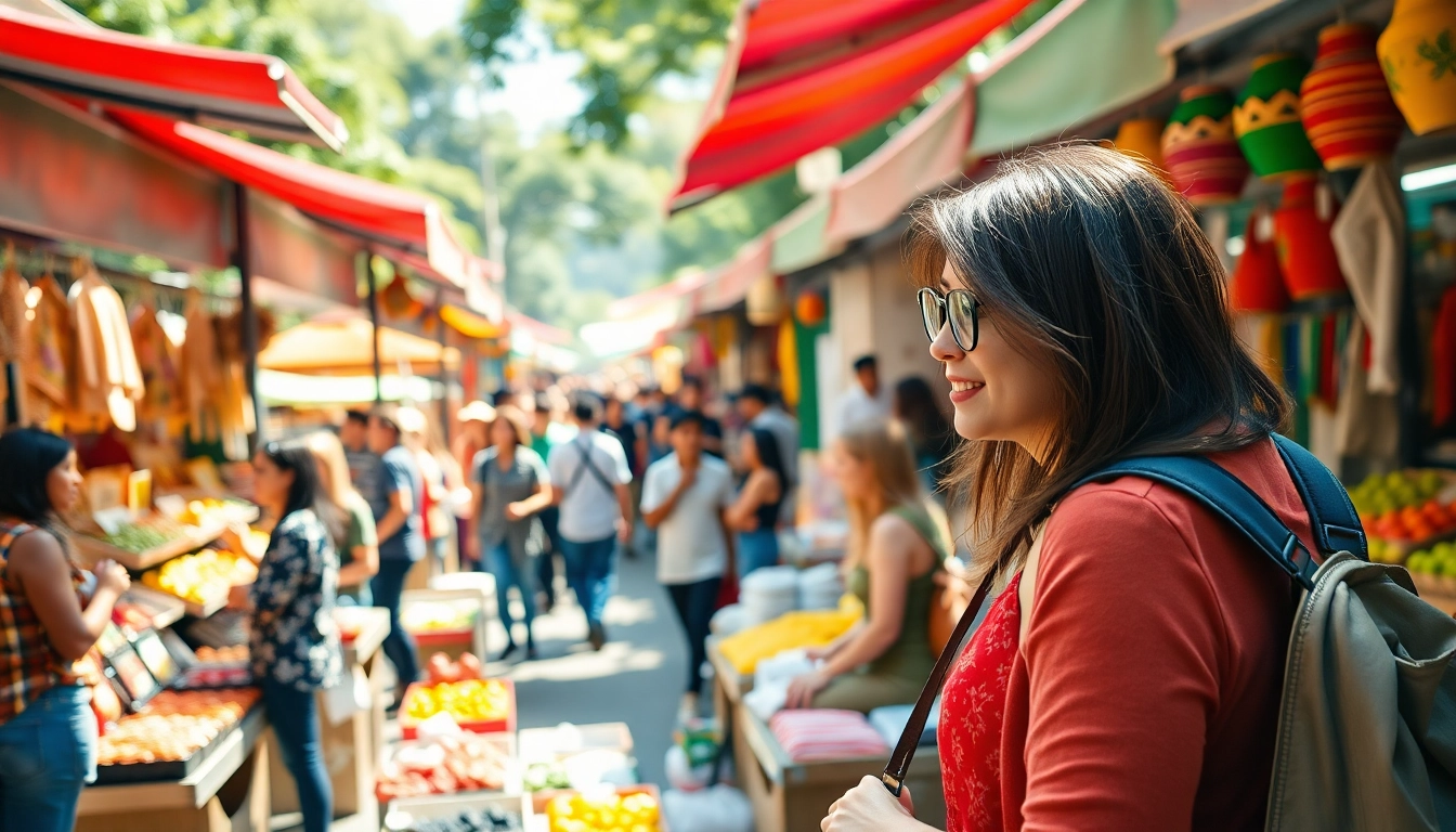 Engaging scene of New88's lifestyle blogger interacting with colorful market vendors.