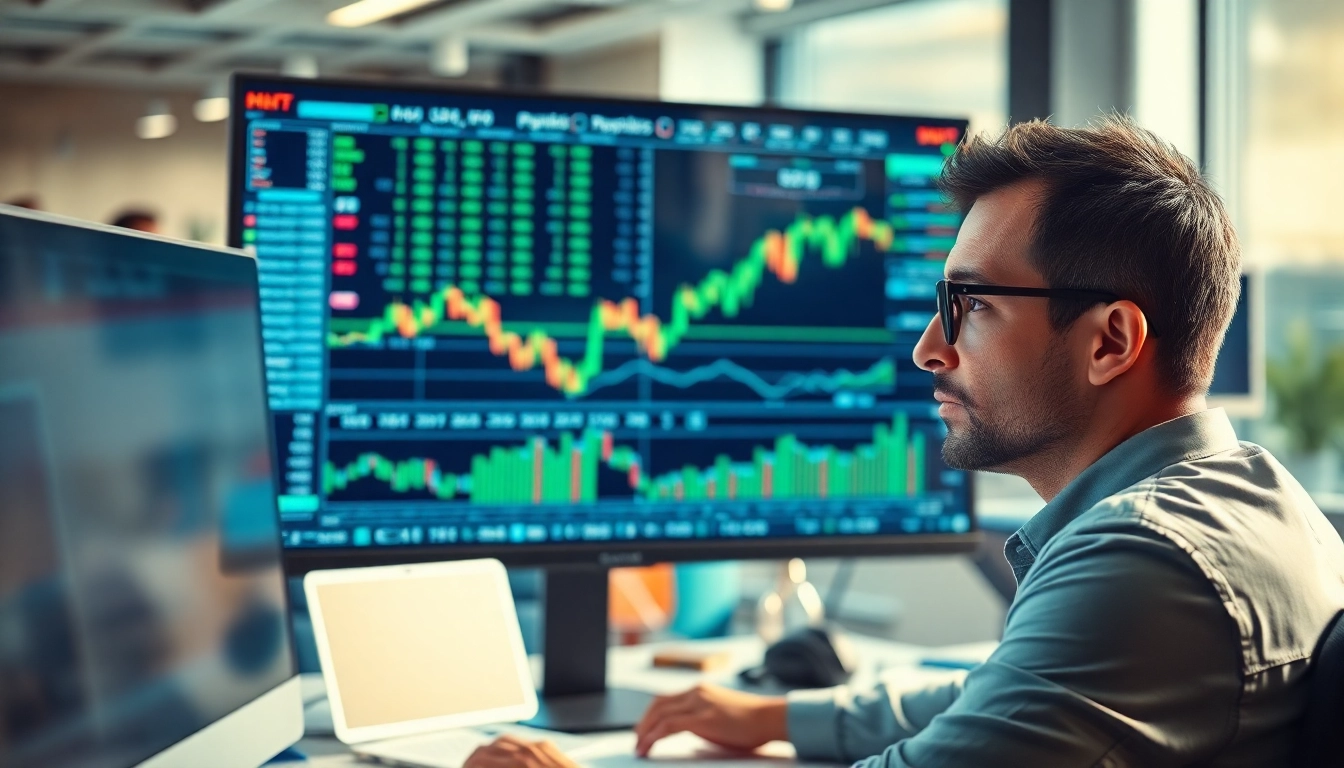 Engaged trader utilizing ai trading technology on a computer screen with market data.