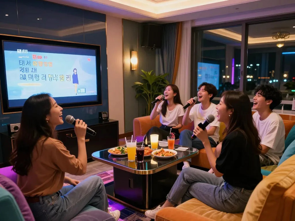 친구들이 음료와 음악과 함께 서구청쓰리노 경험을 즐기는 생동감 넘치는 노래방 장면.