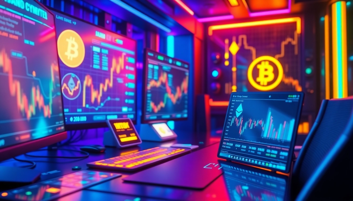 Cryptocurrency trading desk with Bitcoin and Ethereum prices, showcasing a blockchain network and digital wallet interface.