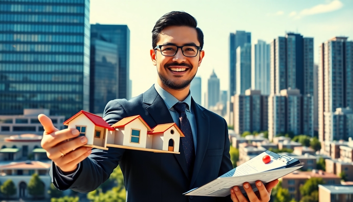 Showcasing a professional agent in urban real estate presenting modern homes in a vibrant setting.
