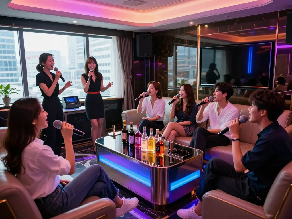 Enjoying a vibrant karaoke night at https://www.gangnamtune.com with friends in a luxurious private room that showcases dynamic lighting and premium drinks.