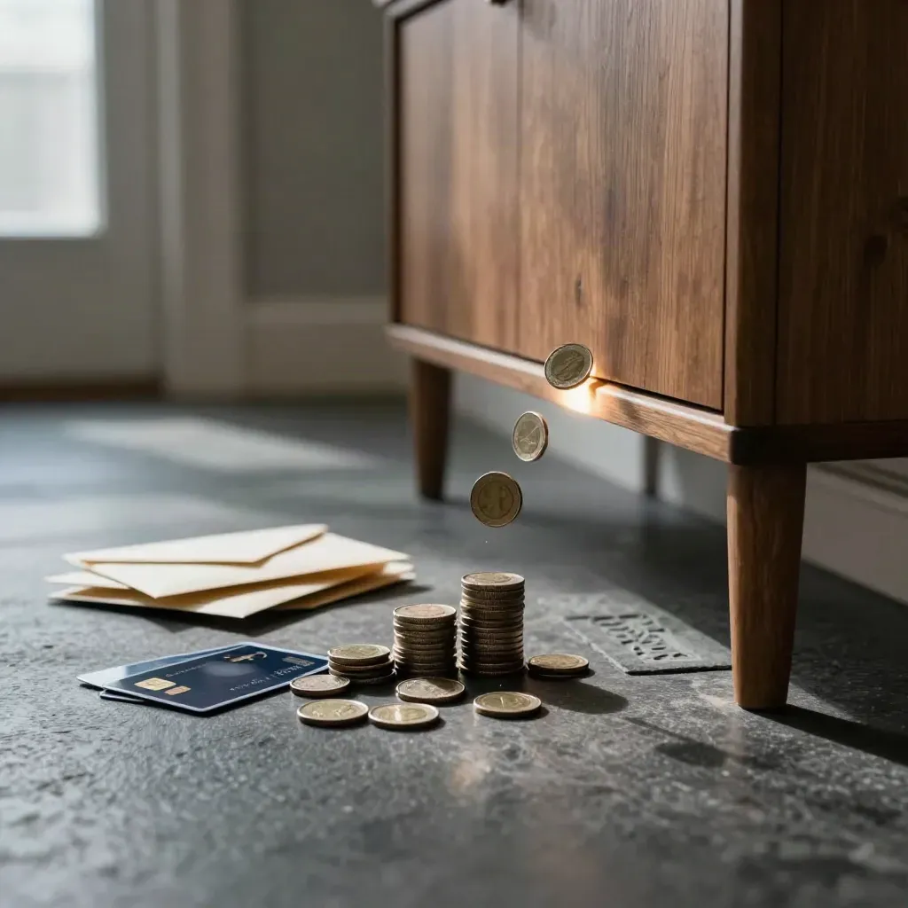 Hallway console with coins tumbling, bank cards, envelopes and stone markers in cold winter light