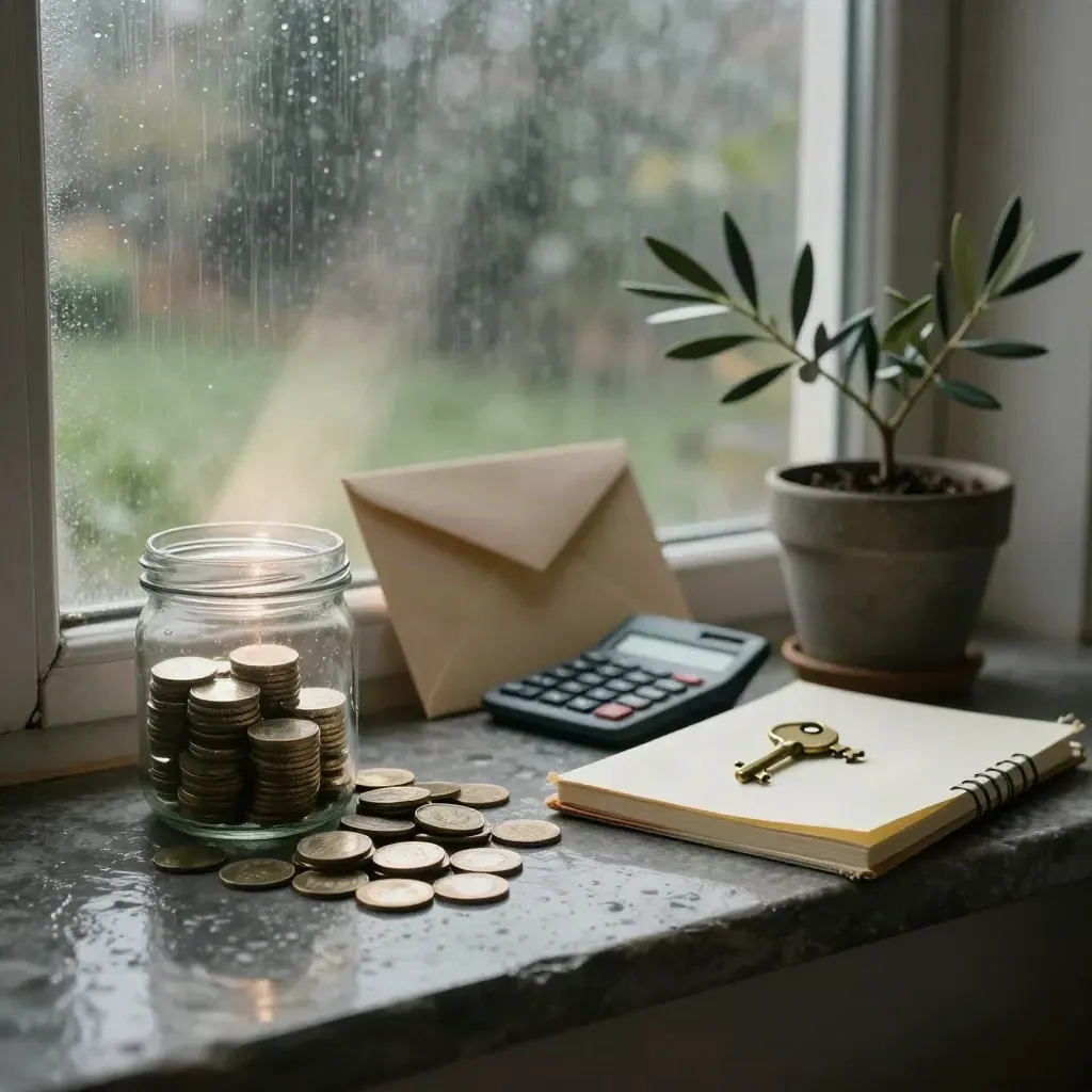 Rainy morning wealth setup on a windowsill with jar, coins, envelopes, key and plant in cinematic light