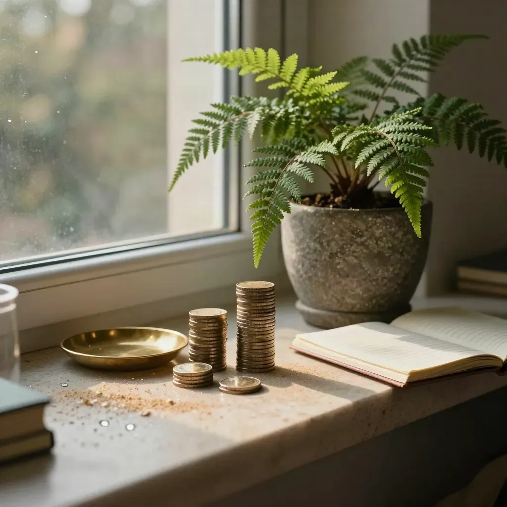 Fern, coin stacks, brass dish and notebook on a sunlit windowsill with condensation