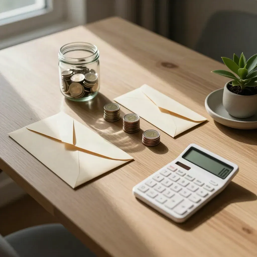 Top-down savings starter kit with jar, coin piles, envelopes, calculator, and small potted plant on oak.