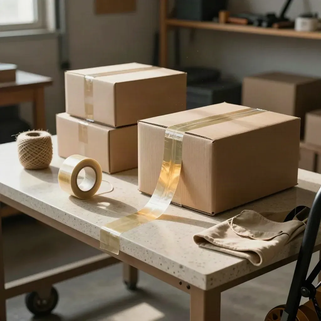 Garage workbench with boxes, packing tape, twine, paper rolls and a tool apron in motion.