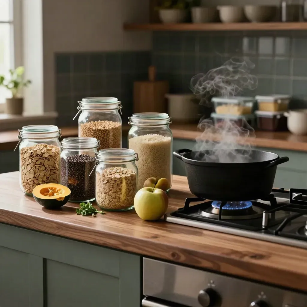 Kitchen meal prep with jars, produce bags, steaming pot, and containers beside the stove.