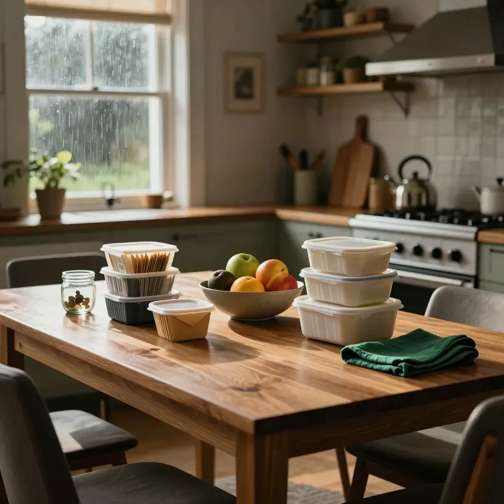 Rainy-kitchen family budget reset with meal prep, bills envelopes, and savings jar on a long table.