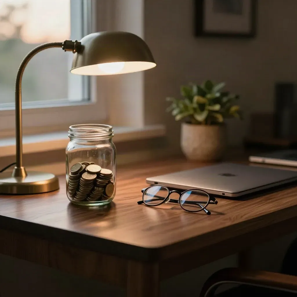Warm home office desk with savings jar, closed laptop, glasses and plant in late afternoon light