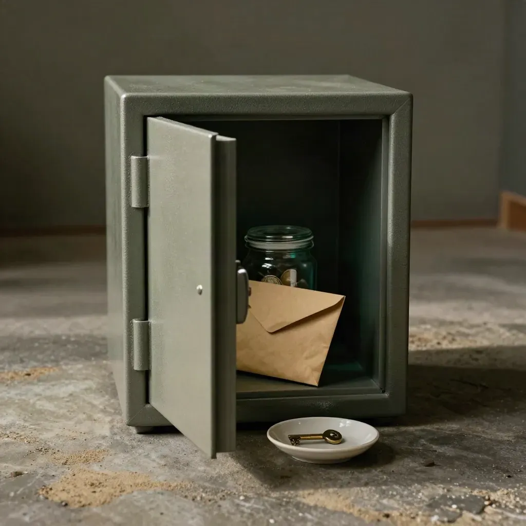 Open fireproof safe on a basement floor with coin jar, savings envelope, dish and key.