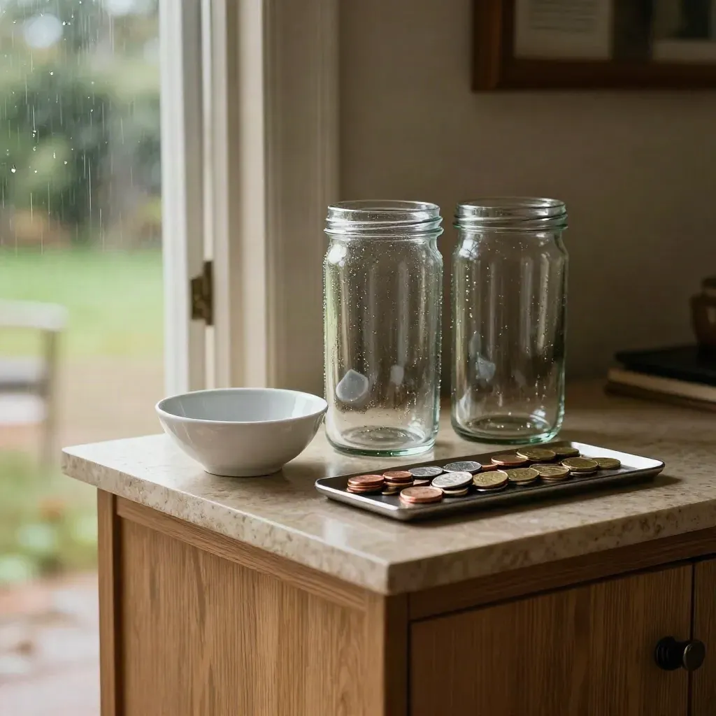 Entryway console with glass jars, key bowl and coin tray in a rain-bright foyer.