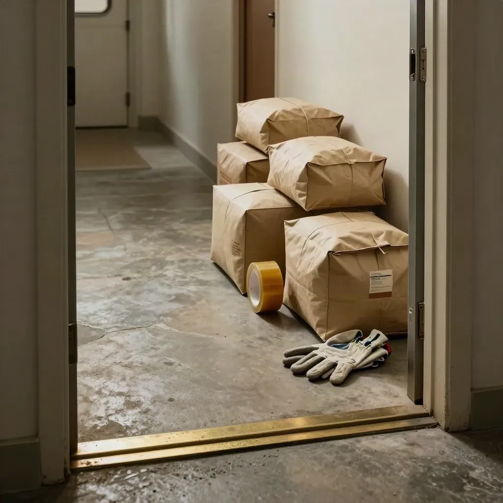 Mailers, packing paper, tape and a work glove staged by a hallway threshold.