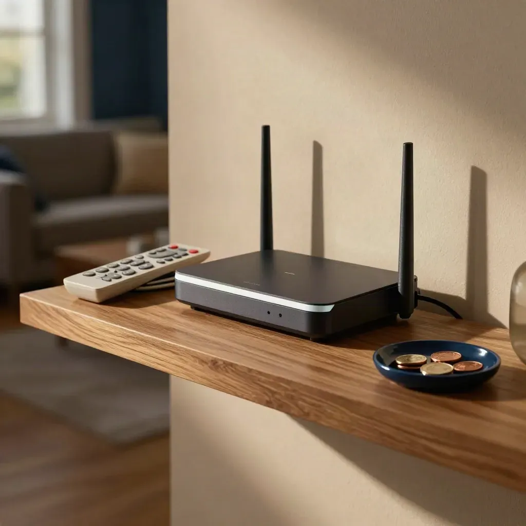 Shelf with unplugged router, remotes, coiled cable, and a navy coin dish in warm window light