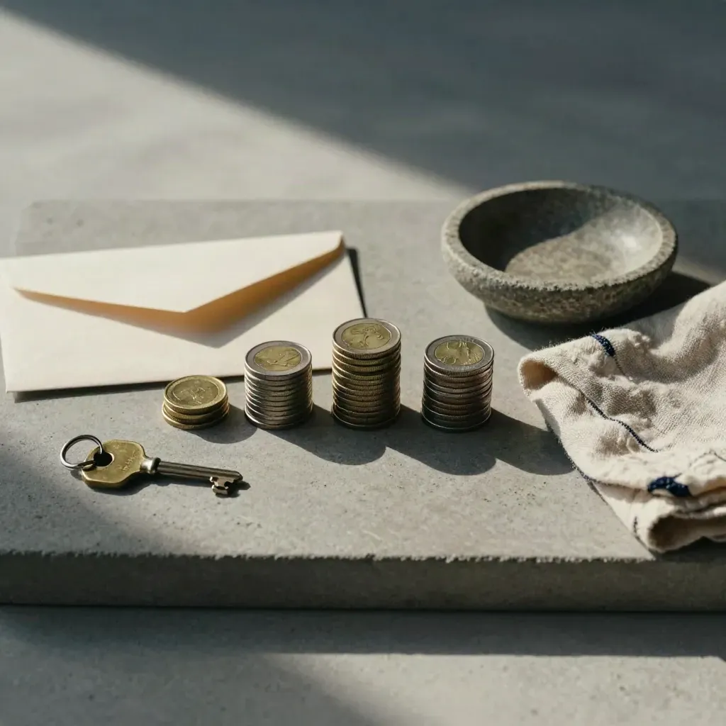 Coin stacks, key and envelope sleeve arranged on a stone tray with a folded cloth.