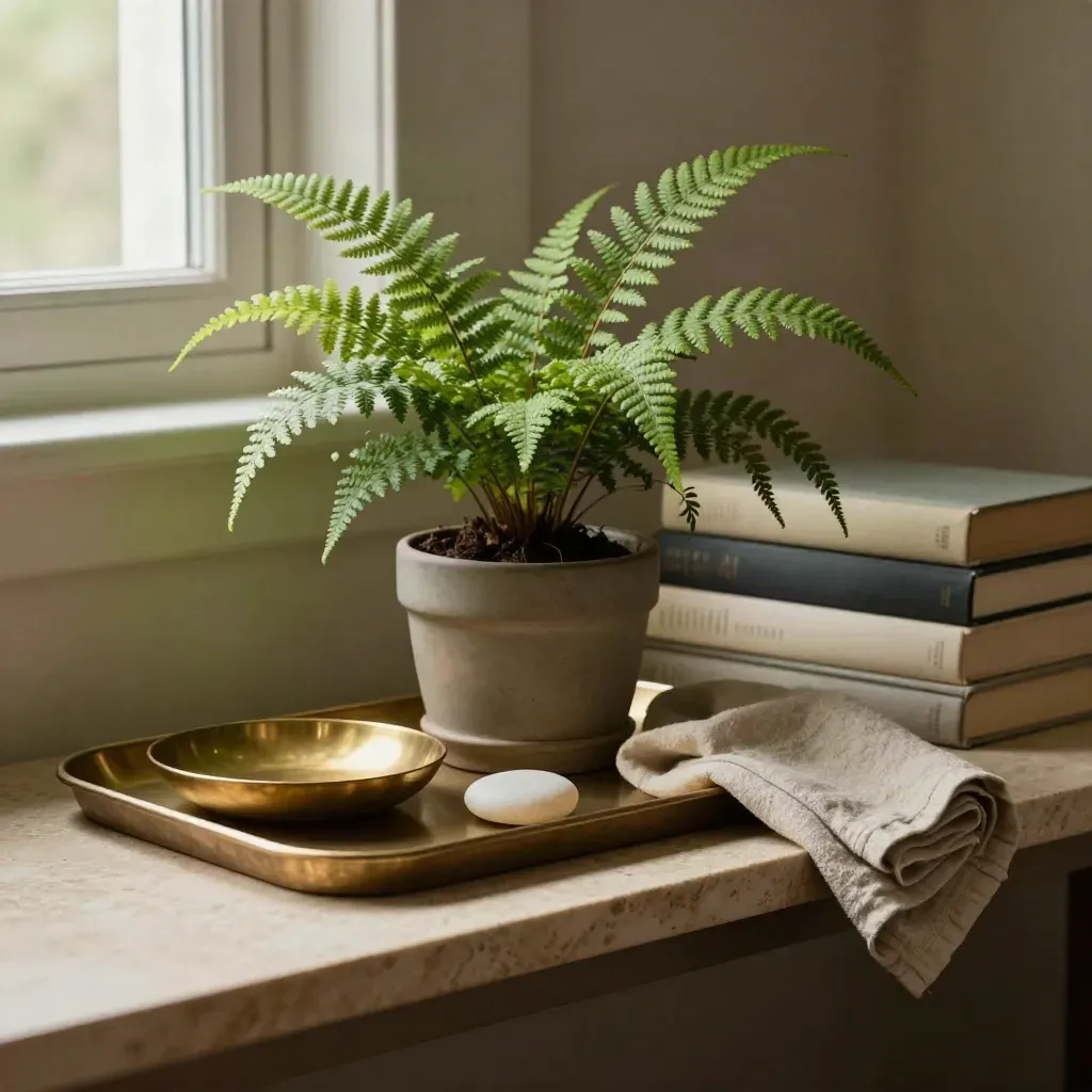 Fern in a matte pot beside brass dish, pebble, and linen on a stone shelf.