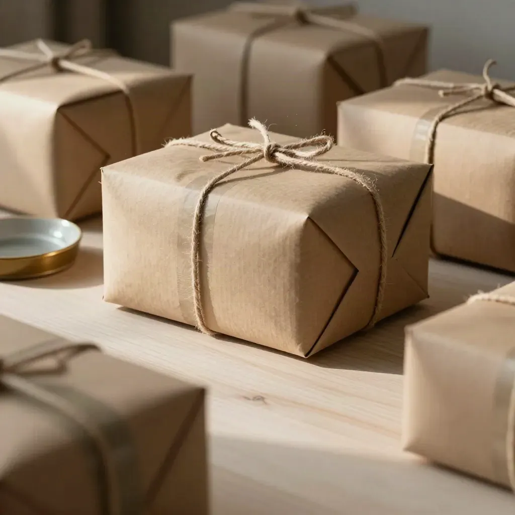 Kraft parcels, twine, tape roll, and ceramic dish on a pale wood desk in soft side light.
