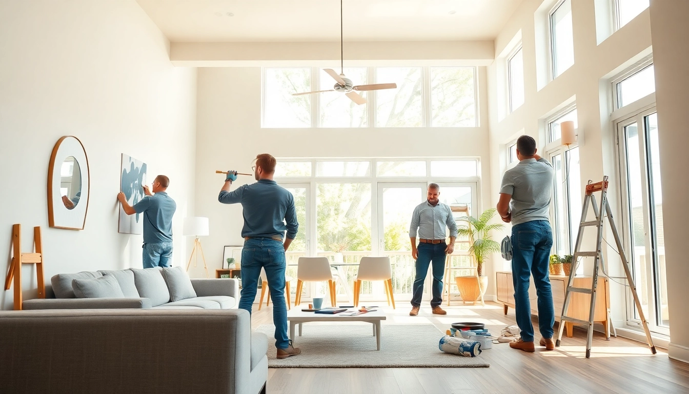 Home renovation process with craftsmen enhancing a bright modern living room.