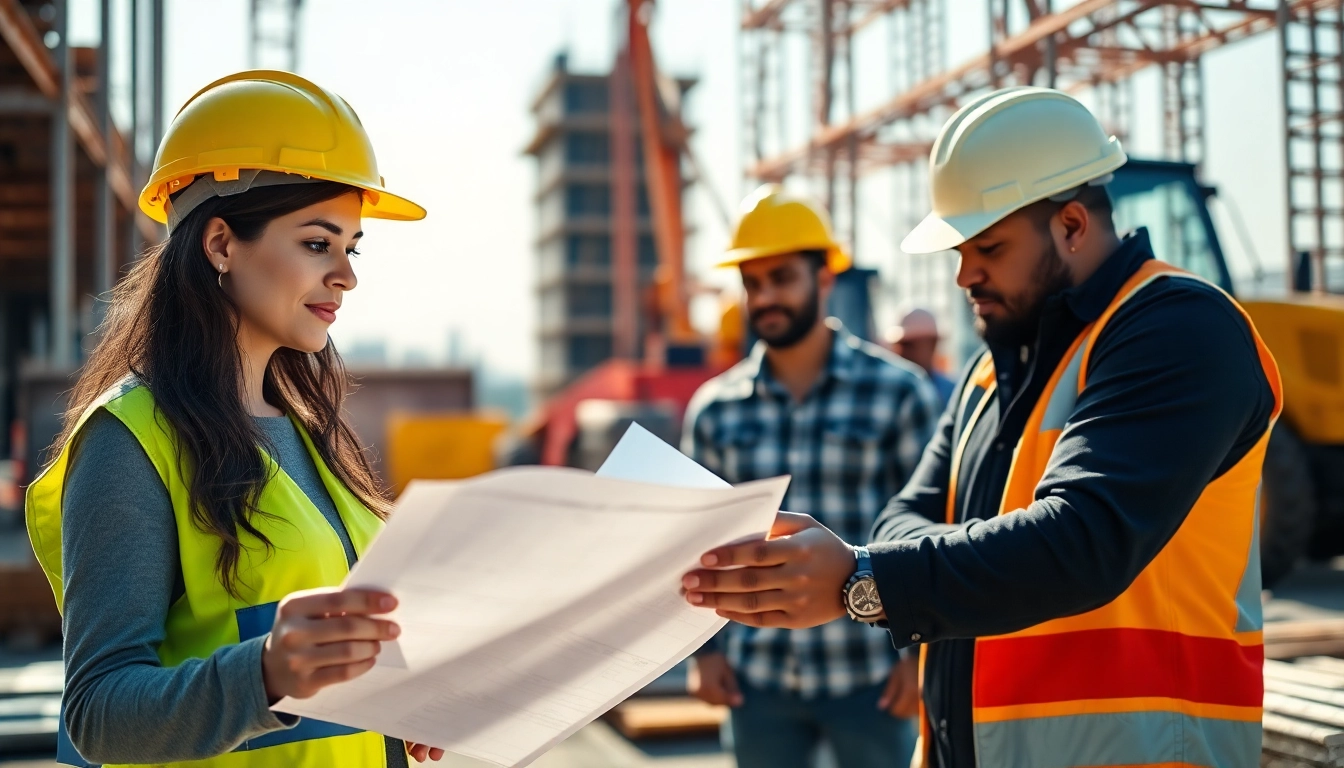 Engaged professionals in careers in construction collaborating on a vibrant job site.