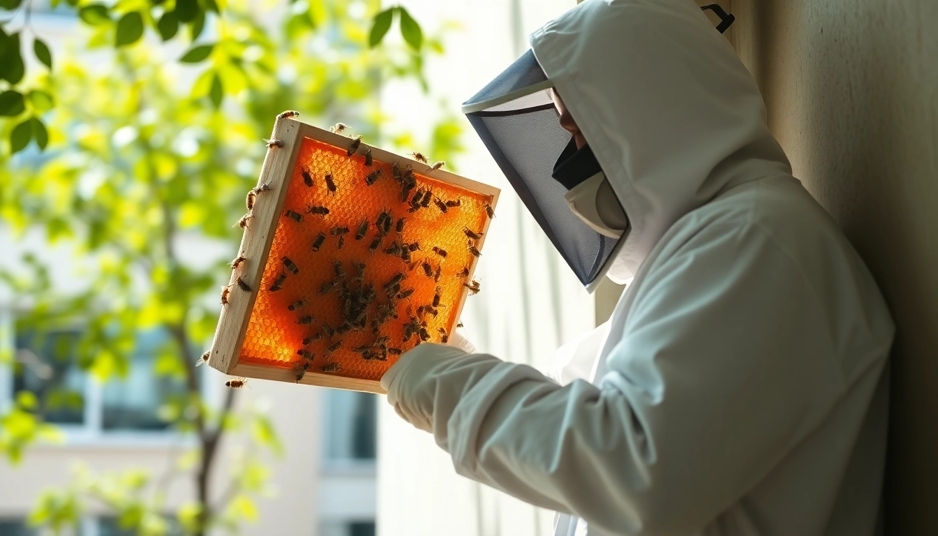 Expert performing commercial bee removal from a commercial property, showcasing safety and professionalism.