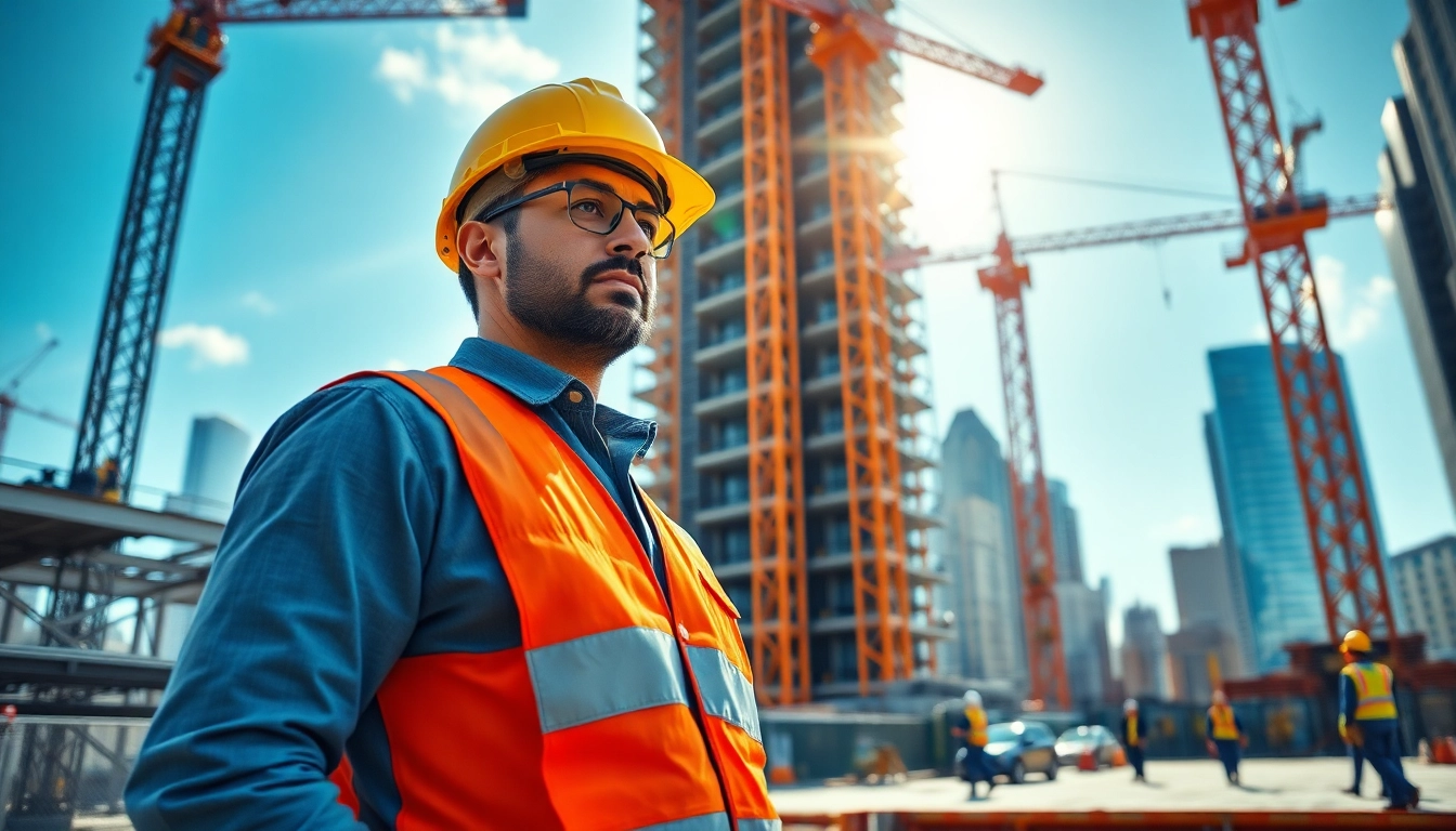 New York City Construction Manager overseeing a high-rise project amidst bustling activity.