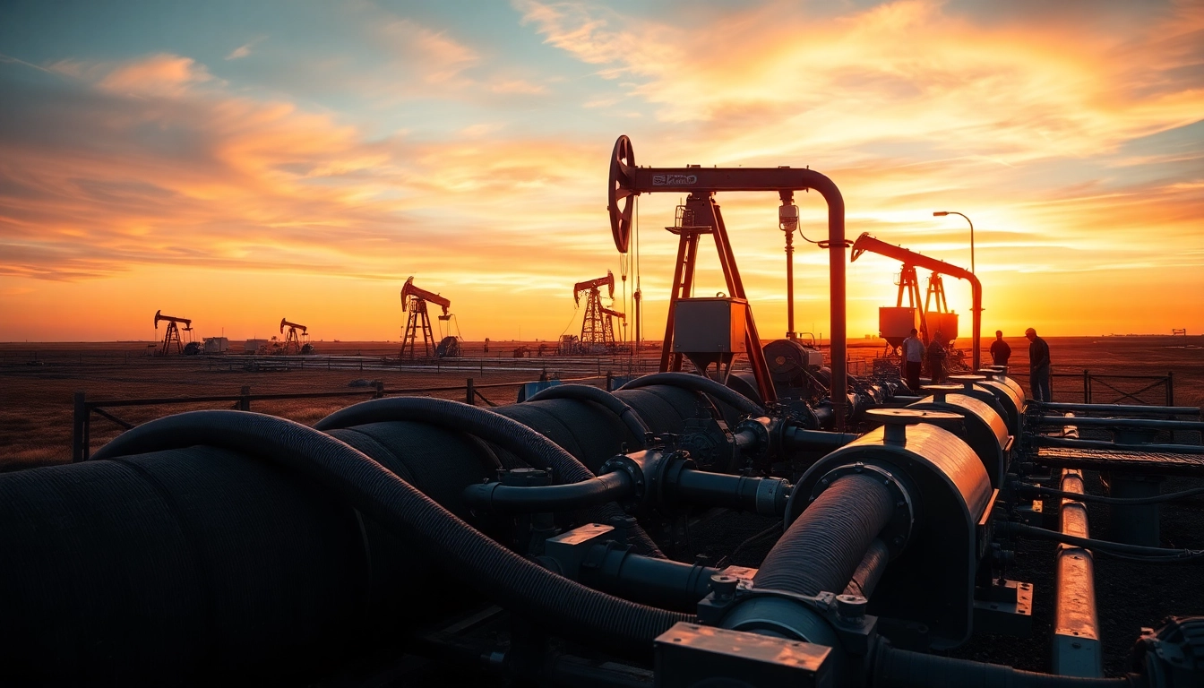 Industrial water transfer services in action at an oilfield, emphasizing efficient water management equipment.