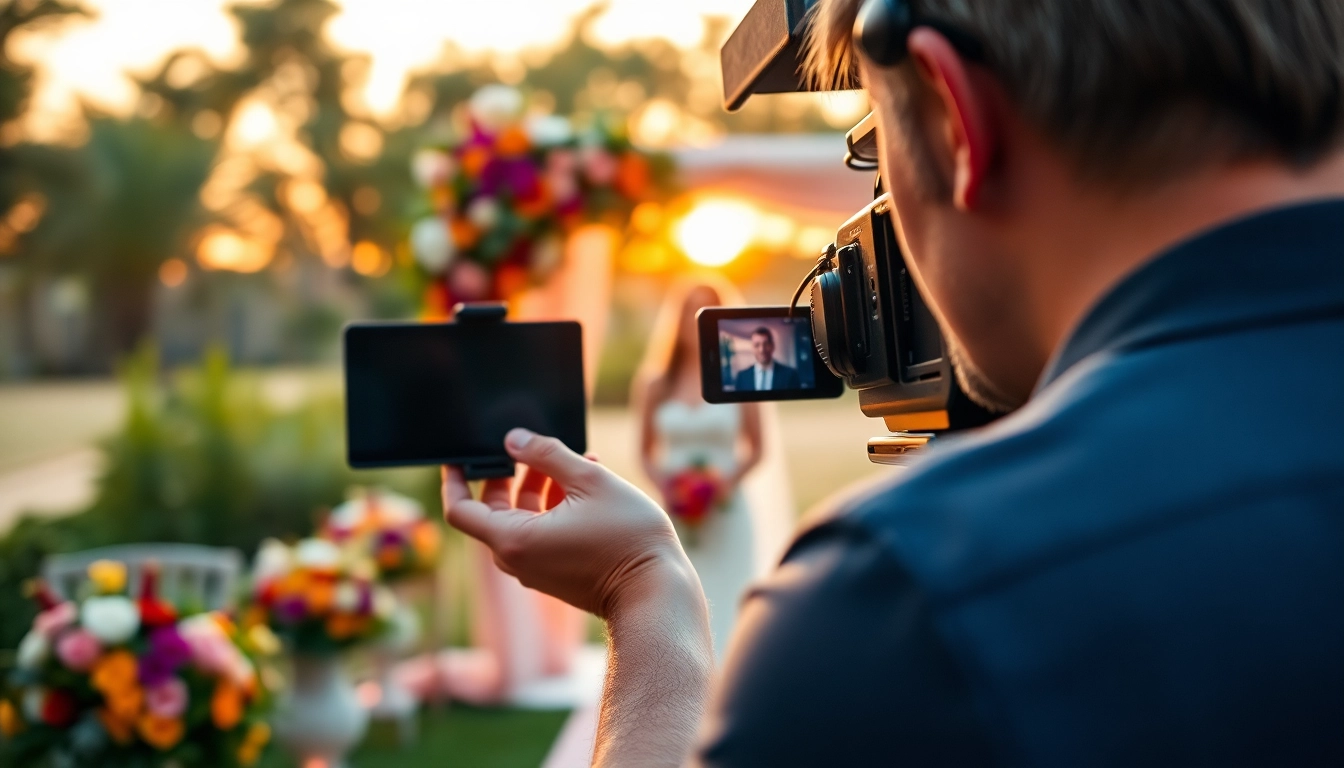 Engaged Phoenix videographer capturing a wedding scene with lush decor.