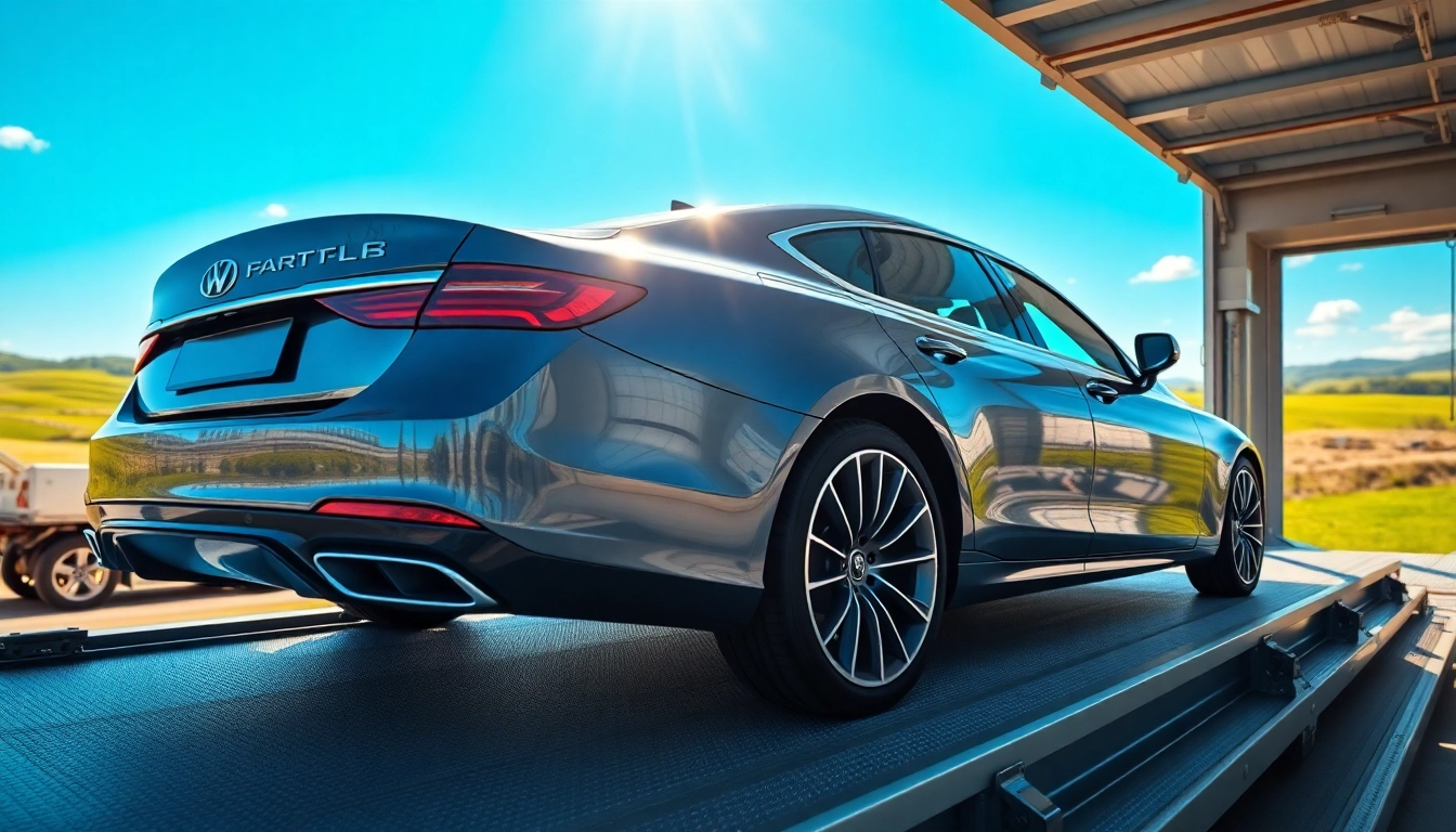 Transporting a luxury vehicle with https://luxuryautocarriers.com in a serene landscape, showcasing premium service.