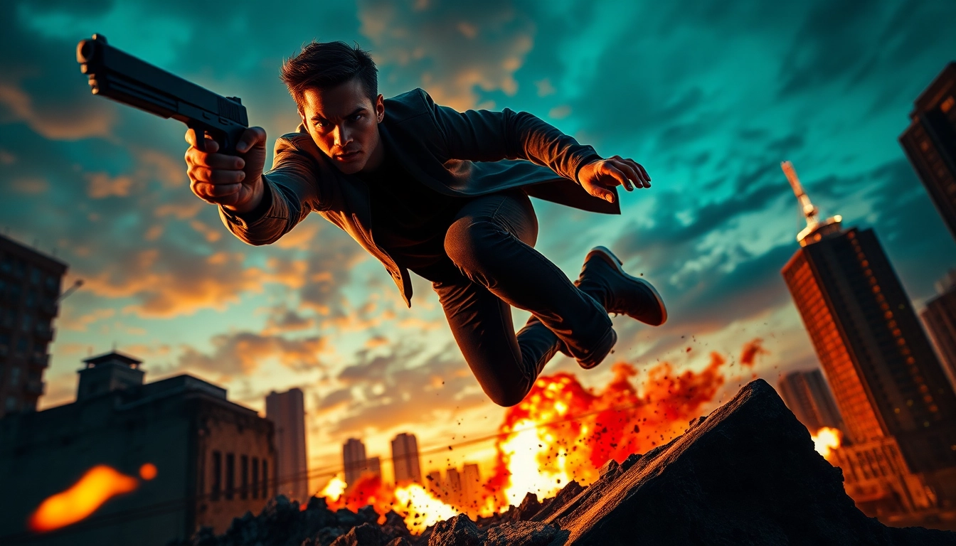 Action thriller hero leaping across a cityscape, showcasing adrenaline and intensity.