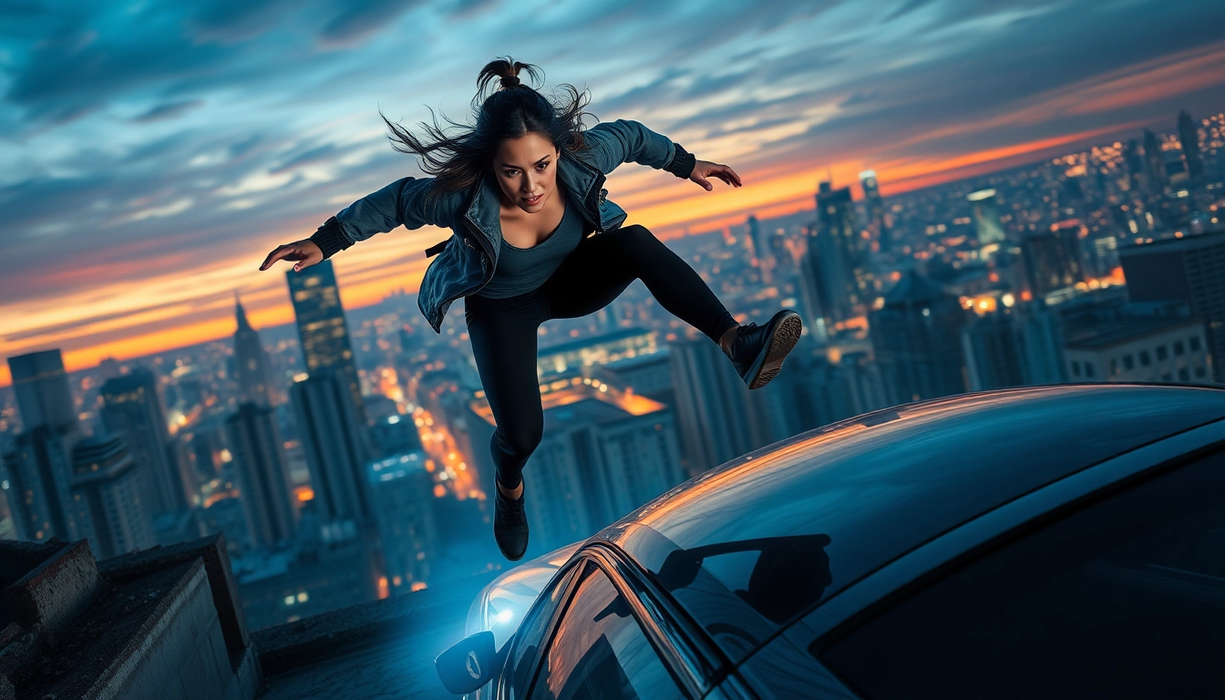 Engaging action thriller scene with a determined female protagonist leaping between buildings.