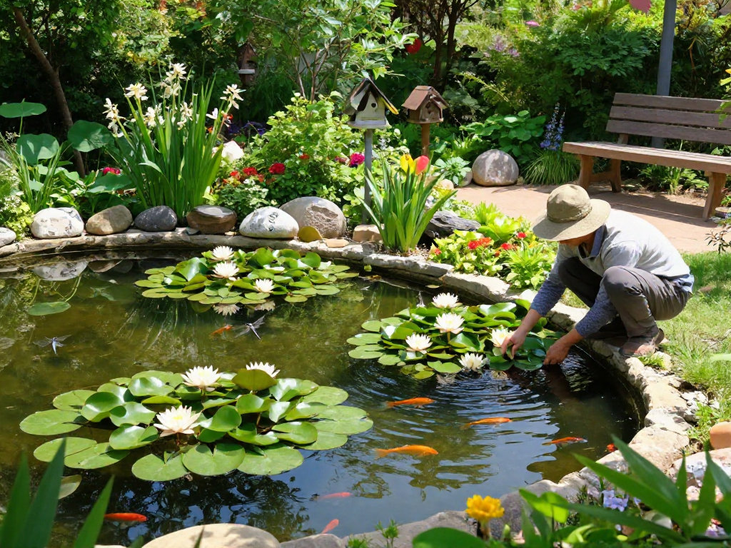 Buy Pond Plants Online in a vibrant garden setting, showcasing a gardener arranging aquatic plants by a serene pond.