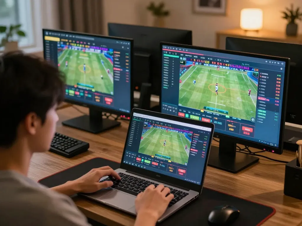Engage in strategic sports betting at fb88 with a dynamic home gaming setup featuring live data and multiple screens.