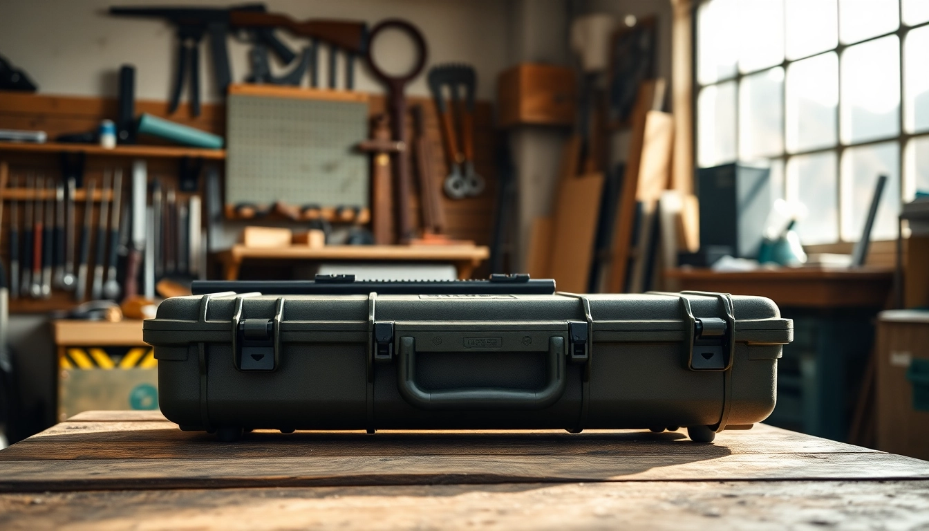 Showcase the pelican rifle case on a workshop bench highlighting its durable design and features.