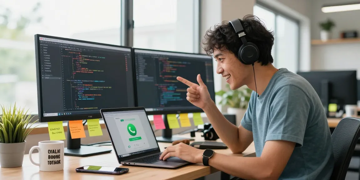 Engaged professional demonstrating WhatsApp下載 on laptop in a bright tech workspace
