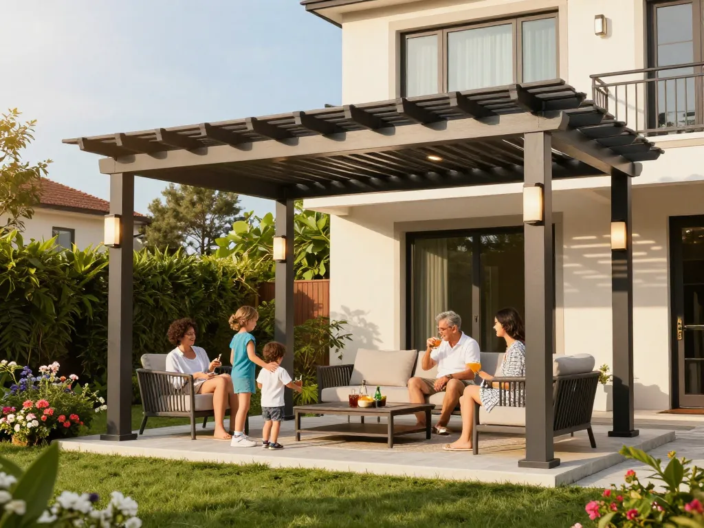 Family relaxing under a stylish configuratore 3D pergola in an inviting outdoor setting.