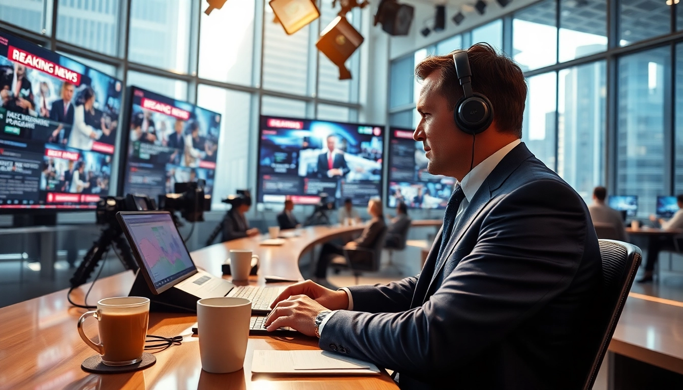 Catch breaking news content in an energetic newsroom with advanced technology.