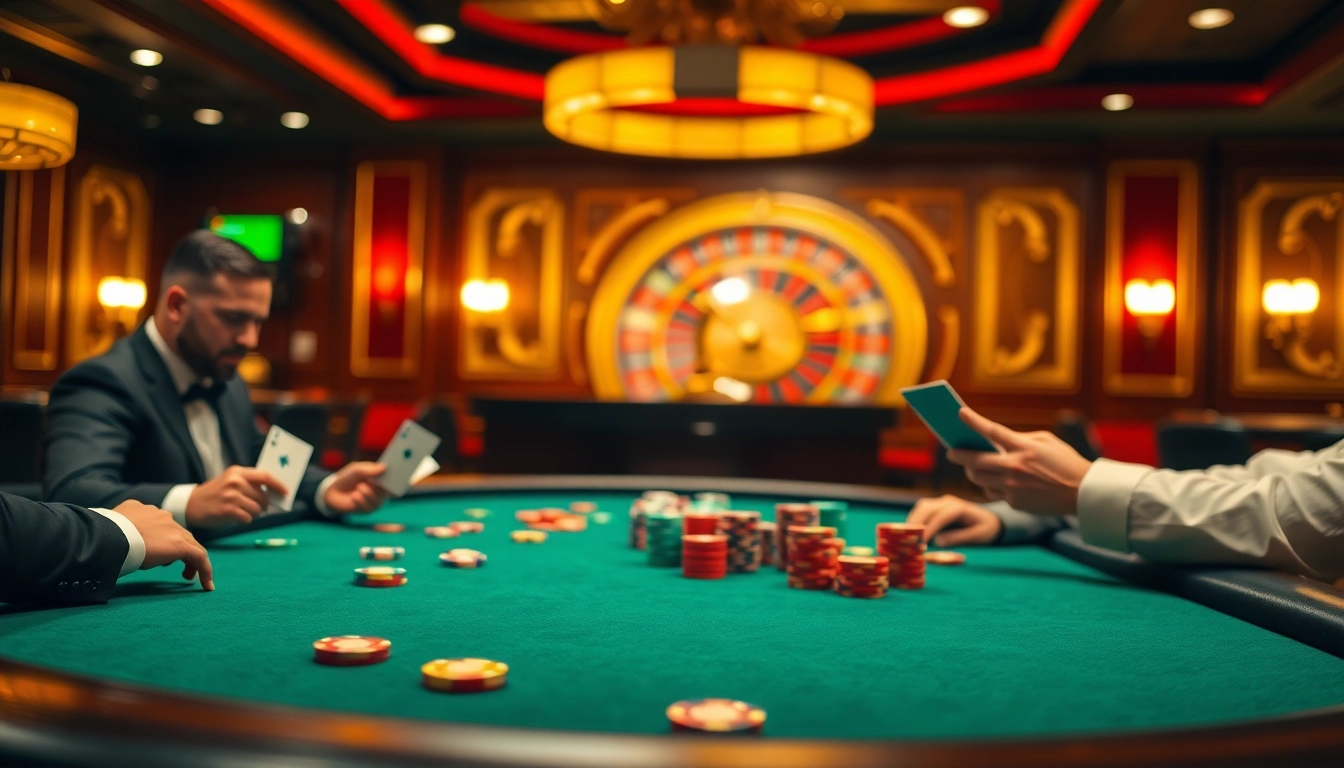 KPI4D poker players strategizing at a luxurious casino table surrounded by vibrant chips and roulette.