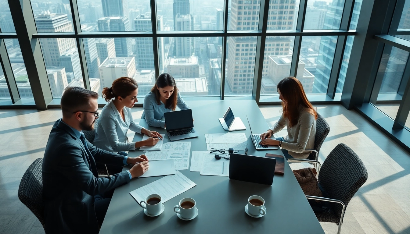 Engaging scene of proposal writing and management in a modern office, highlighting teamwork and productivity.